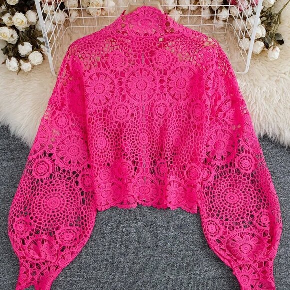 Hot Pink Elegant Women's Floral Lace Hollow Zipper Front Long Sleeve Blouse - Picture 2 of 6